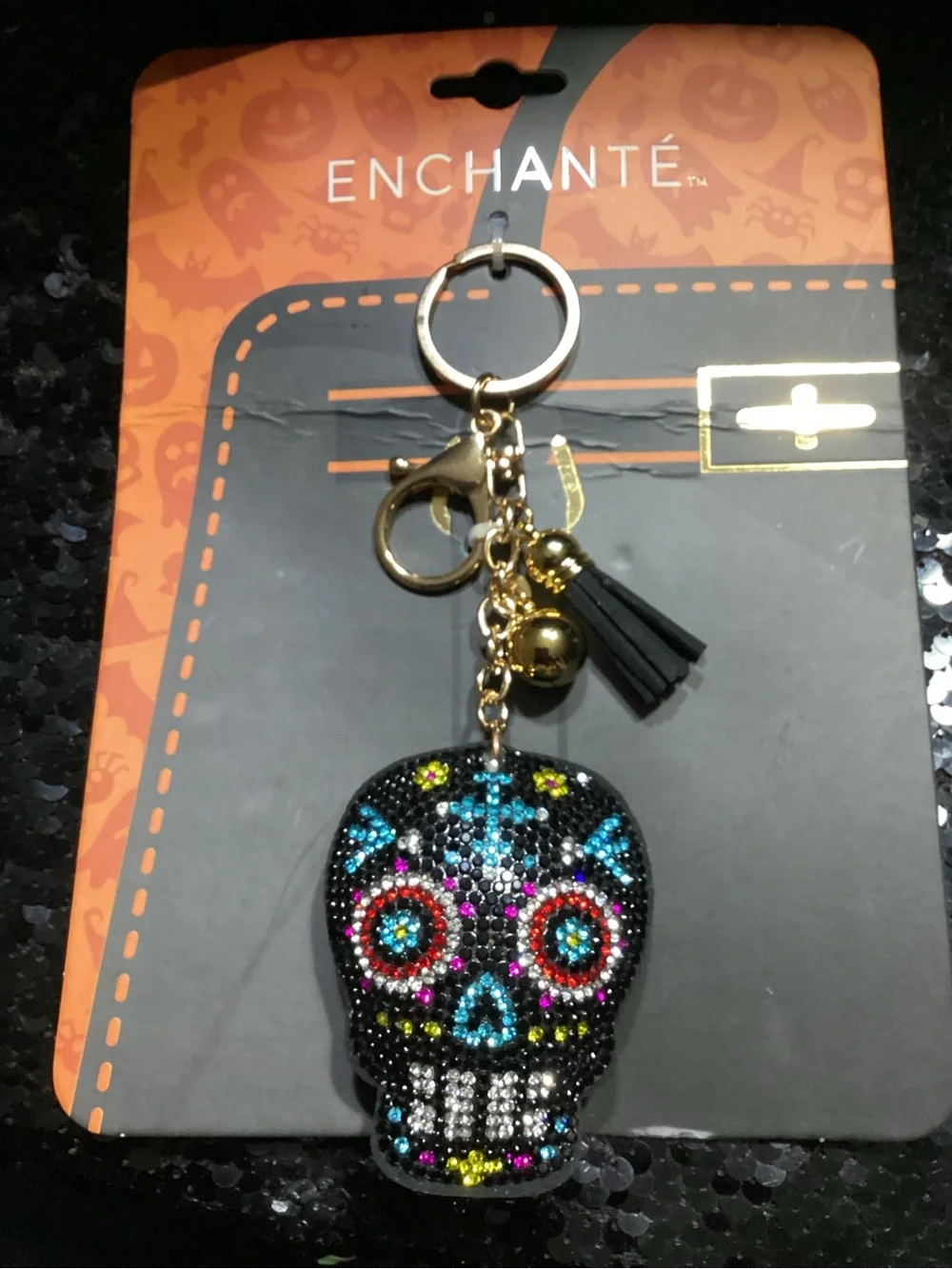 Crystal Sugar Skull Key Charm Card Holder - Black with Multicolor Accents